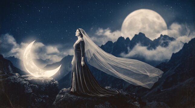 Fantasy queen standing on mountain peak. Full moon and crescent moon. Dark medieval dress