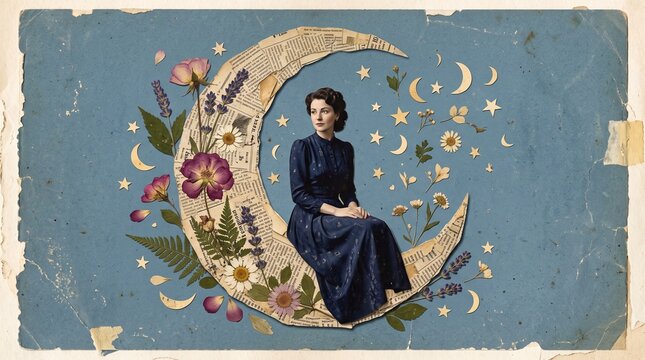 Vintage surreal collage art featuring a woman sitting on a crescent moon with pressed flowers