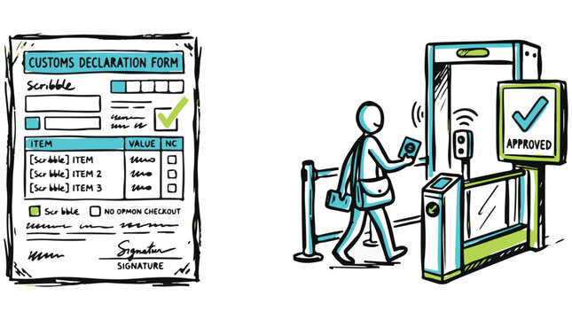 Vector illustration of traveler passing through automated airport security gate with passport and customs declaration form