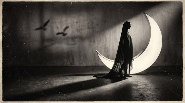 Woman silhouette with crescent moon prop. Vintage cinematic photography. Dramatic studio lighting