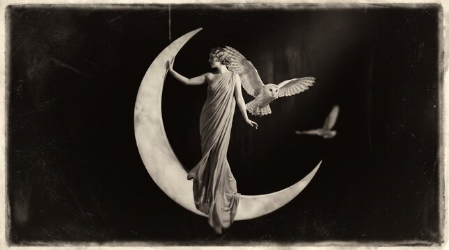 Vintage fantasy collage art. Woman in flowing gown standing on crescent moon with barn owl