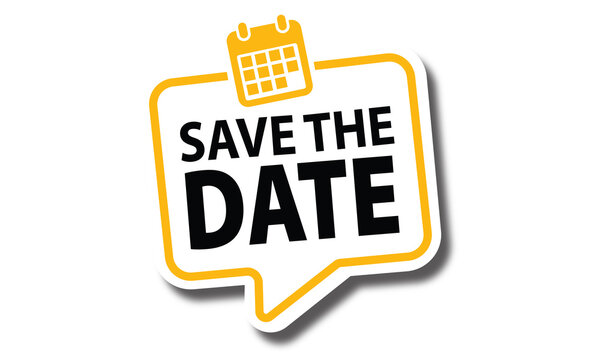 Save the date announcement icon with a calendar symbol and speech bubble isolated on transparent background