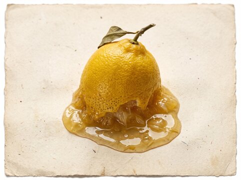 Melted yellow lemon fruit on aged paper. Surreal food art photography with vintage paper background