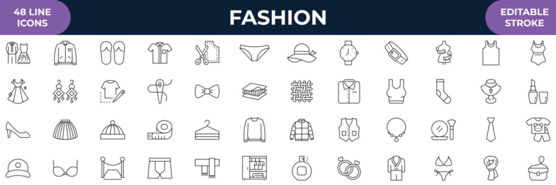Fashion Line Editable Icons set. Containing T-shirt, shirt, dress, shoe, tie, underware, etc. minimal thin line web icon set. Outline icons collection. Vector illustrations