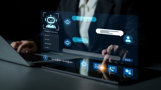 Modern AI chatbot service dashboard featuring 24 7 automated AI support, voice recognition, and omnichannel NLP AI communication. Customer experience, CRM, ask digital AI helpdesk technology. Corpus