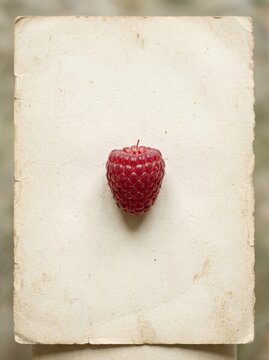 Fresh raspberry fruit on aged vintage paper. Macro shot of ripe red berry with textured background