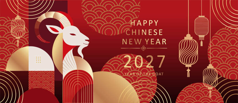 Happy Chinese New Year 2027 vector banner with elegant goat, gold lanterns, geometric ornament and festive Asian patterns. Luxury Lunar New Year design for card, background and poster