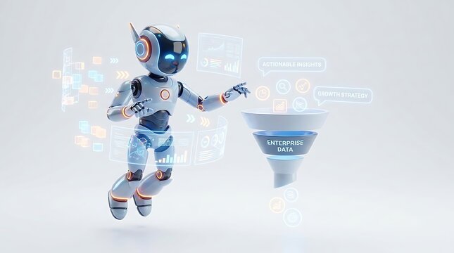 Small blue robot interacting with a data funnel to process enterprise information and generate actionable insights on a white background space