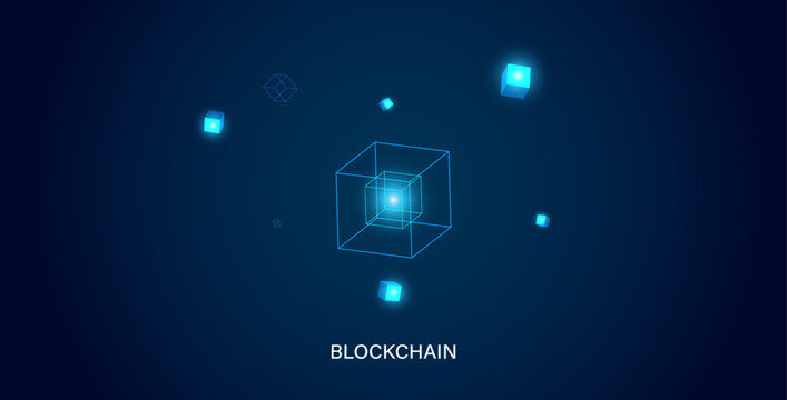 Floating 3D cubes on dark blue background. Web3 blockchain network and digital asset tokenization concept vector.