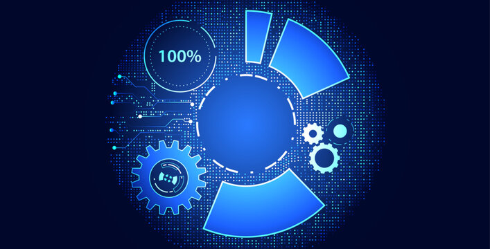 Digital HUD dashboard vector with gears and performance charts. Industrial IoT, smart factory automation and AI metrics