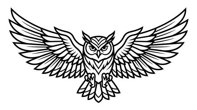 Symmetrical owl line art illustration with open wings.