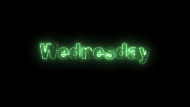 Neon text icon animation on Black background, Glowing neon text 'WEDNESDAY', text with color green letters motion design