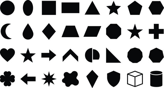 Set of various black geometric shapes and icons isolated on transparent background