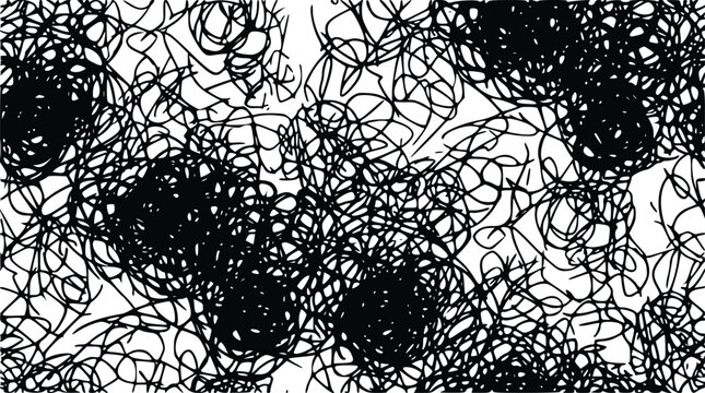 Abstract monochrome vector illustration featuring chaotic hand drawn scribbles with dense black ink loops on a clean white digital background