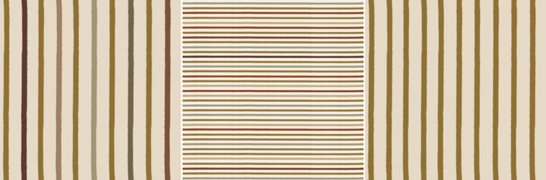 Basic classic autumn fall earthy tones rustic stripes seamless patterns set, repeating checkered background