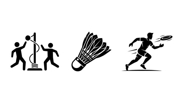 Sport icons featuring people playing tetherball badminton and a running athlete physical activity active lifestyle badminton racket recreational sports stick figures black and whi