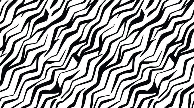 Abstract zebra print vector graphic illustration featuring bold black and white wavy diagonal lines for modern contemporary surface pattern design