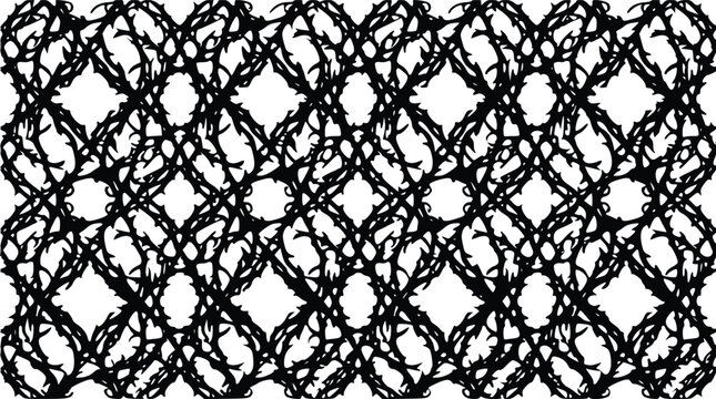 Intricate black and white vector illustration featuring a repetitive geometric pattern with artistic tangled lines for creative graphic design projects