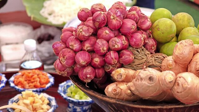 Fruits, vegetables and herbs in the basket.