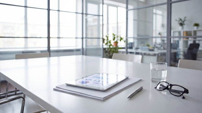 Tablet with financial charts, pen, and glasses on a white table in a bright office space