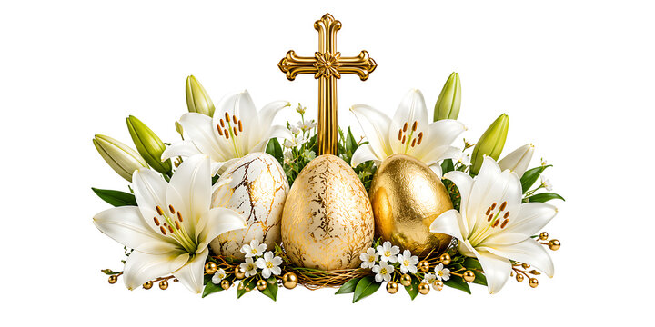 Golden Christian cross with decorated Easter eggs and white lily flowers isolated on white background