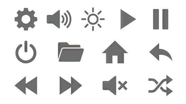 Minimalist gray UI icons for media and settings.
