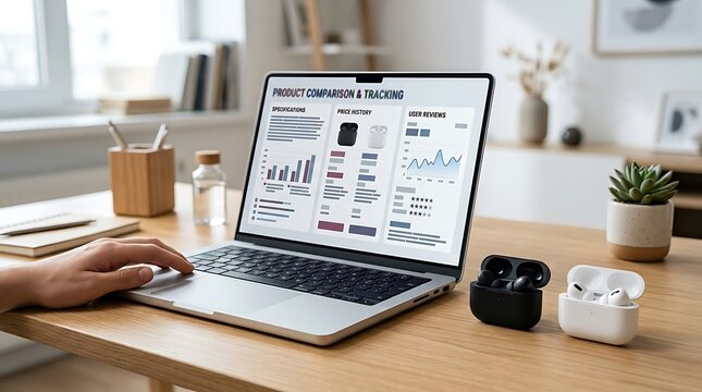 Laptop with product comparison chart during a productive work session in a bright home office