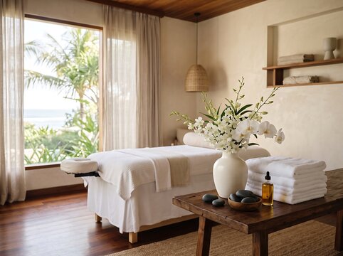 Luxury tropical spa room with massage table and ocean view