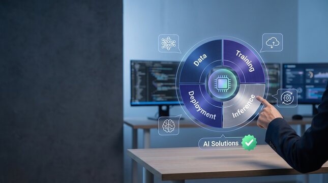 Artificial intelligence lifecycle diagram with data and training phases. Machine learning workflow interface. AI solutions deployment and inference.