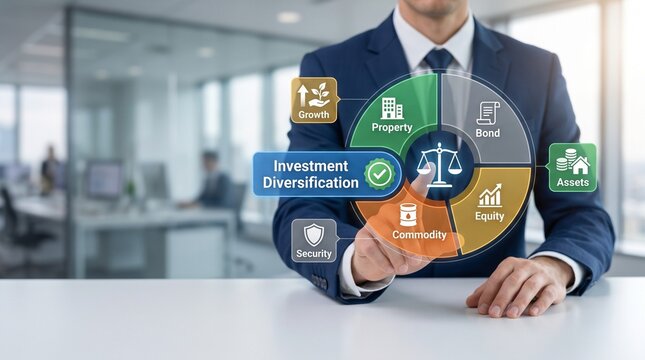 Investment diversification strategy concept, businessman managing financial portfolio icons, wealth management and asset allocation