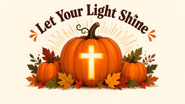 Let your light shine autumn pumpkin with glowing cross religious fall design