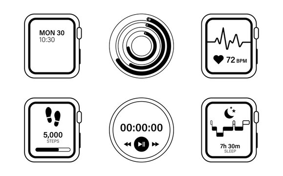 Set of smart watch icons with fitness and health tracking features, vector illustration