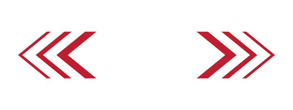 Red double chevron arrows pointing inward from opposite directions. Minimal geometric navigation symbols create a balanced directional design. Clean vector graphic for movement, transitions, banners 