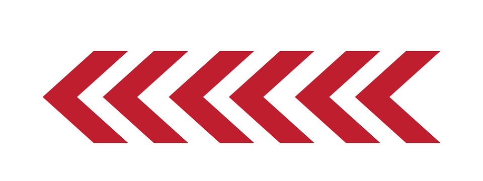 Red chevron arrows pointing left in a repeated horizontal pattern. Bold geometric symbols create a dynamic directional element for movement, navigation and transitions. Clean vector graphic for banner