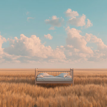 Wide shot of a wooden bed with white pillows placed
