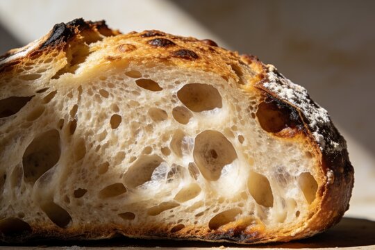 Close up of the open crumb inside a loaf of artisan sourdough bread