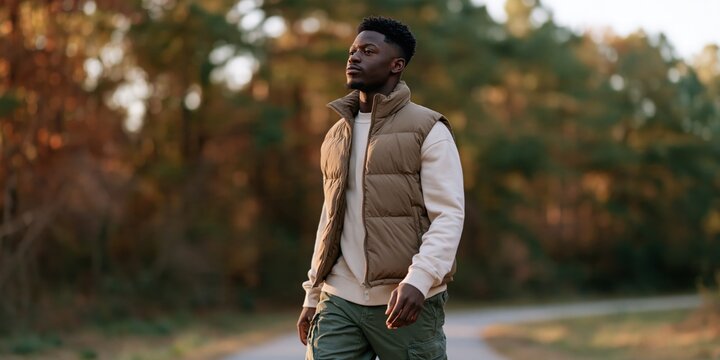 Man wearing a beige puffer vest walking on a forest road in autumn for outdoor lifestyle background and fall fashion banner