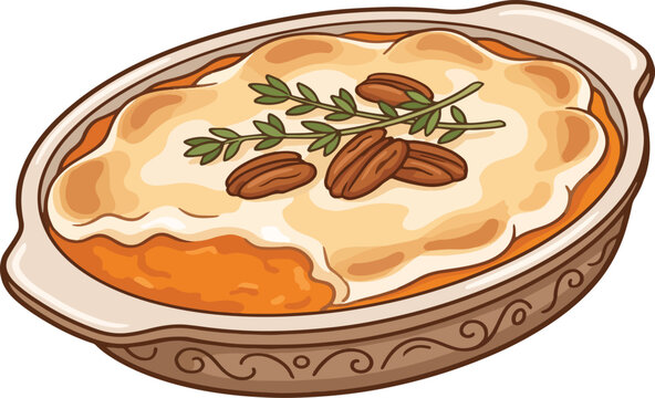 Baked sweet potato casserole with toasted pecans and fresh herbs in a dish