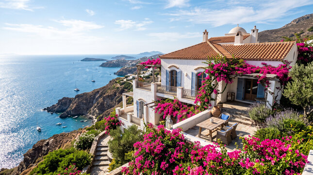 A stunning traditional white coastal villa with a terracotta roof is surrounded by vibrant pink bougainvillea flowers, offering a breathtaking view of the blue Mediterranean.