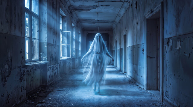 Apparition of a woman in white floating through a derelict hospital corridor. Paranormal activity in an abandoned building with blue moonlight filtering through windows.