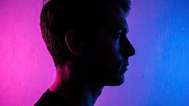 Man profile silhouette with purple blue neon.