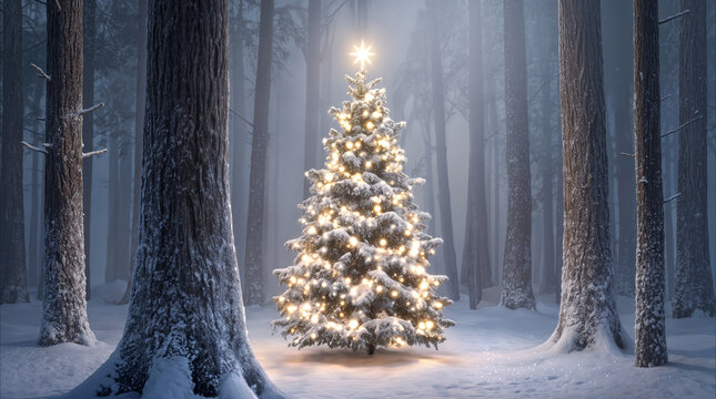 Decorated Christmas tree glowing in snowy winter forest. Festive holiday scene with illuminated fir tree among tall pine trunks in foggy woods.