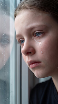 Upset preteen girl crying by window on rainy day. Child feeling lonely and sad while looking at raindrops on glass.