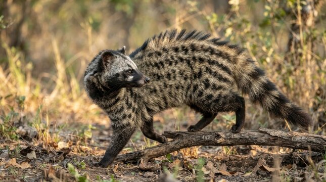 Civet Cat in Natural Habitat: A civet cat with a striking striped coat and bushy tail navigates through dry brush and fallen leaves in its natural woodland environment, showcasing its wild beauty.