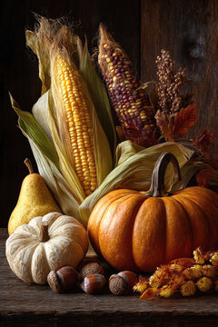 Autumn harvest arrangement featuring pumpkins, corn, pears, and nuts on a rustic wooden surface with dried leaves and flowers in the background