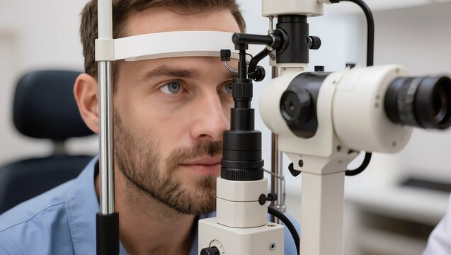 Male patient undergoing eye examination with slit lamp in an ophthalmology clinic, focused on the equipment and the examination process in a clinical setting