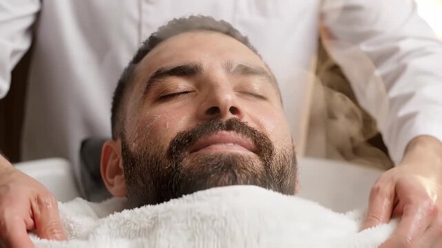 A young bearded Hispanic man receives a hot steam towel facial treatment from a professional barber salon.