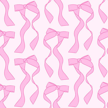 Cute Pink Ribbon Bow Seamless Pattern Hand Drawn Wavy Bow Texture for Girl Nursery and Wrapping Paper
