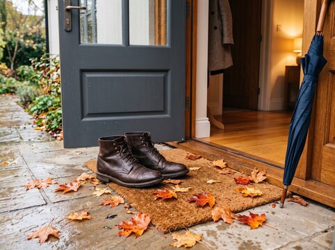 Muddy boots on a doorstep surrounded by fallen autumn leaves beside an open door and umbrella, rainy day routine, seasonal lifestyle, fall footwear.