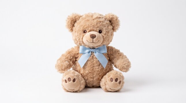 Classic brown teddy bear with blue ribbon, soft plush stuffed animal toy, cute fluffy bear for nursery decor and baby gifts isolated PNG with Transparent Background